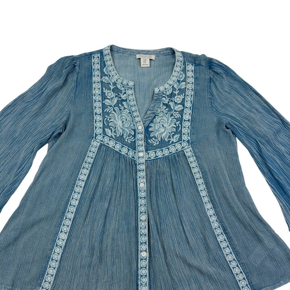 Rachel Zoe Boho Hippie Crepe Gauzy Embroidered Trumpet Sleeve Blouse Women's M